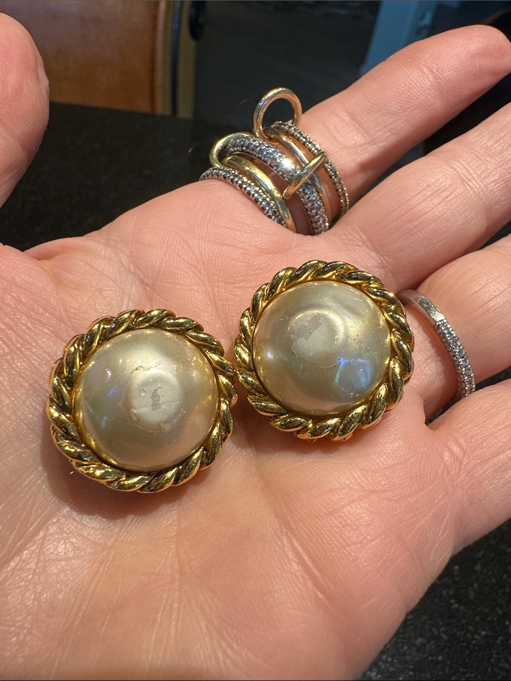 CHANEL Gold and Cream Faux Pearl Clip-On Earrings